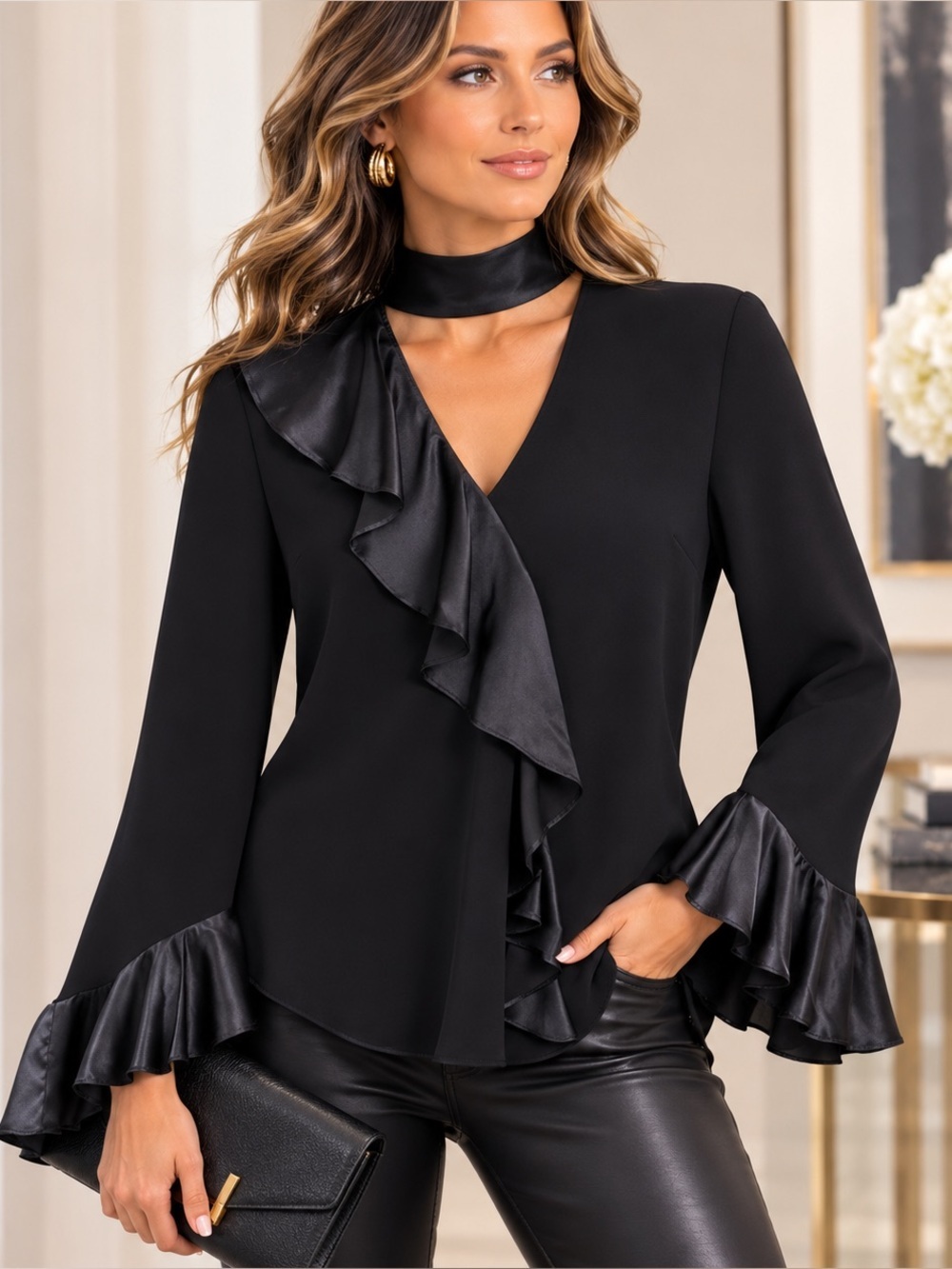 Cinq à Sept Mariah Black Silk Ruffle Choker Blouse Women’s Sz M Elegant Feminine